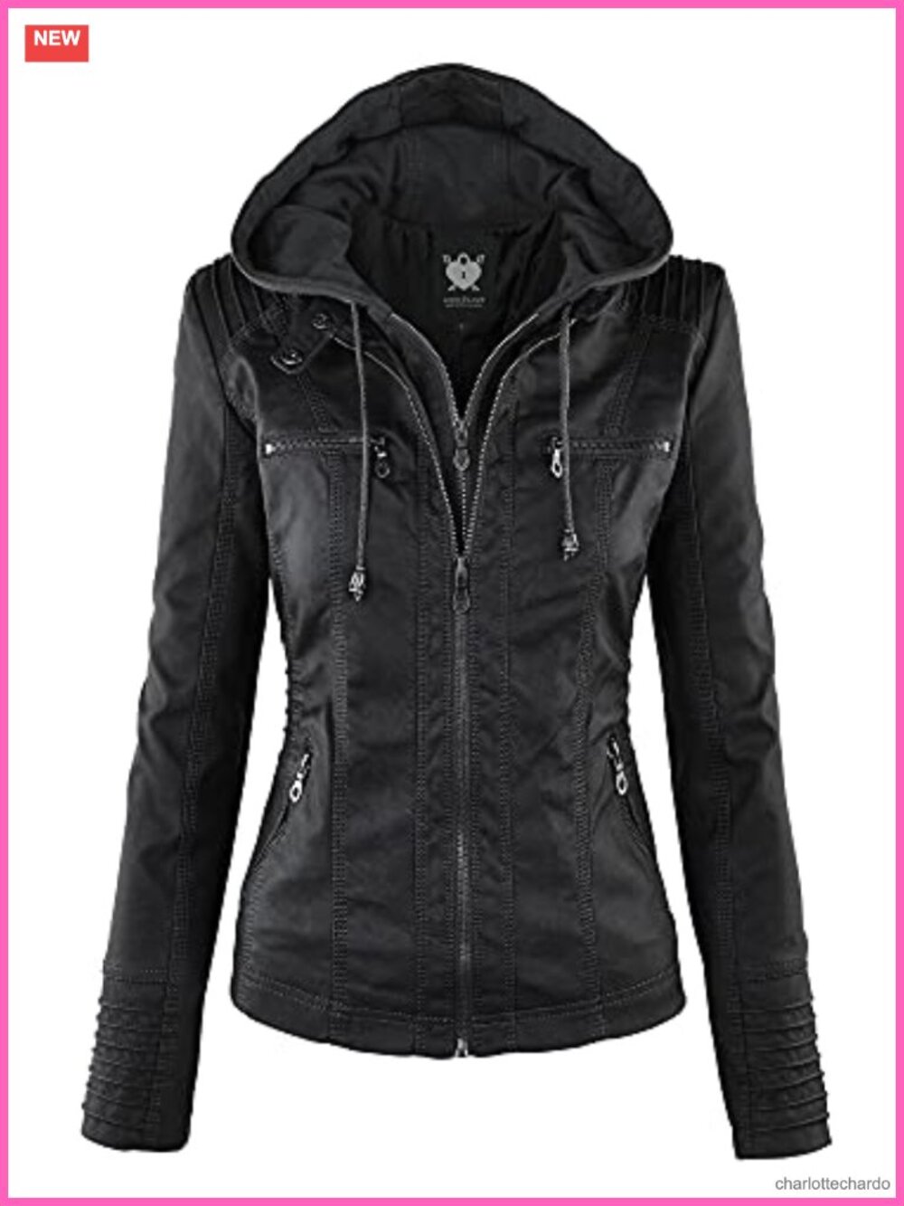 Faux Leather Moto Biker Jacket Cropped Slim Fit Hooded Vegan